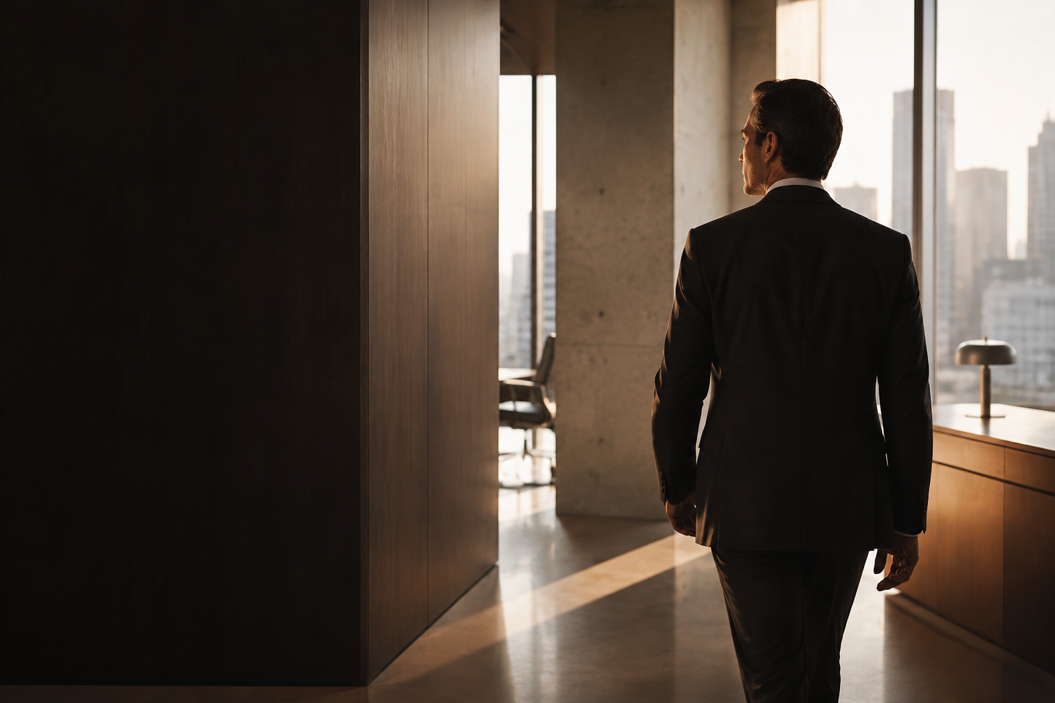 Conceptual corporate attorney walking through a modern Los Angeles office